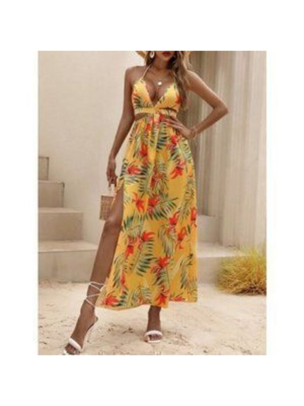 Tropical print thigh slit Maxi dress yellow
